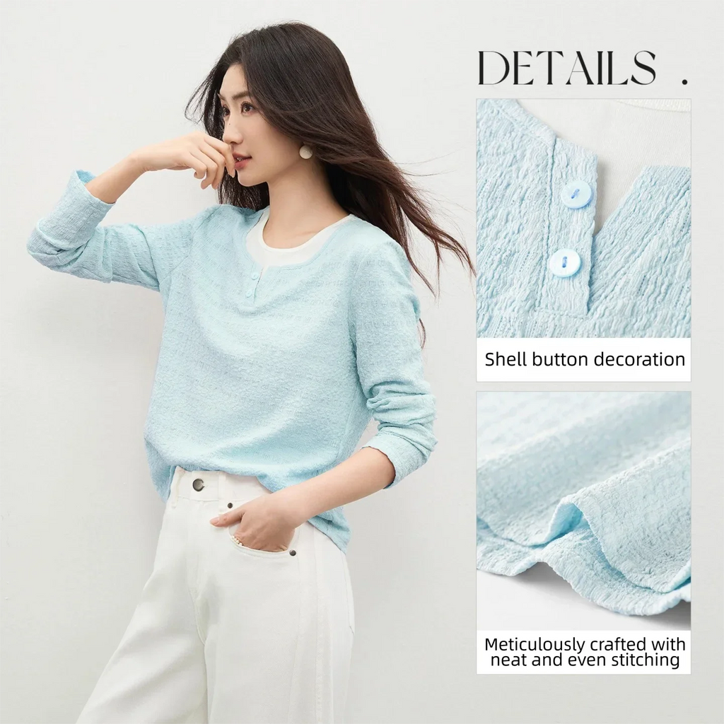 SENTUBILA Women's T-Shirt 2026 Spring Long Sleeve Top Round Neck Color Block Textured Fashion Tee Shirt Woman Clothes 161TD5398