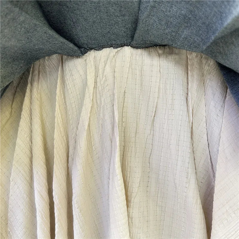 Retro Spliced Denim Pleated Skirt for Women Summer New Temperament Hot Girl Fashionable High Waist A-line Skirt