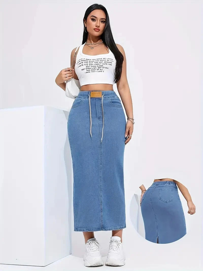 Women's long denim skirt with elastic waist, drawstring, logo patch, slit at the side, A-shaped hip-hugging skirt
