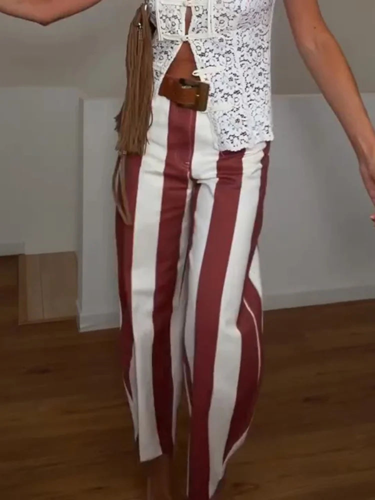 Colorful Striped Wide Leg Trousers Women Bohemian High Waist Multi-color Panelled Slim Straight Pants Fashion Lady Beachwear New
