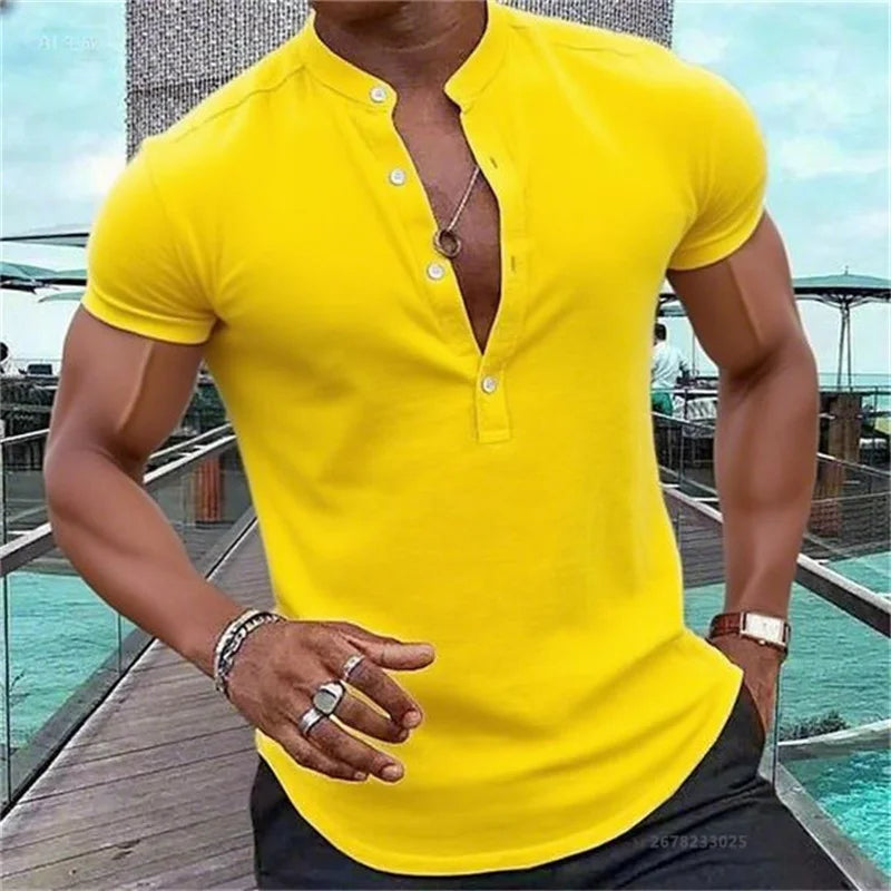 Men's Short-Sleeved Casual Shirt Hawaiian Style Shirt Solid Black Shirt Stand Collar Design Suitable for Beach Vacation XS-5XL