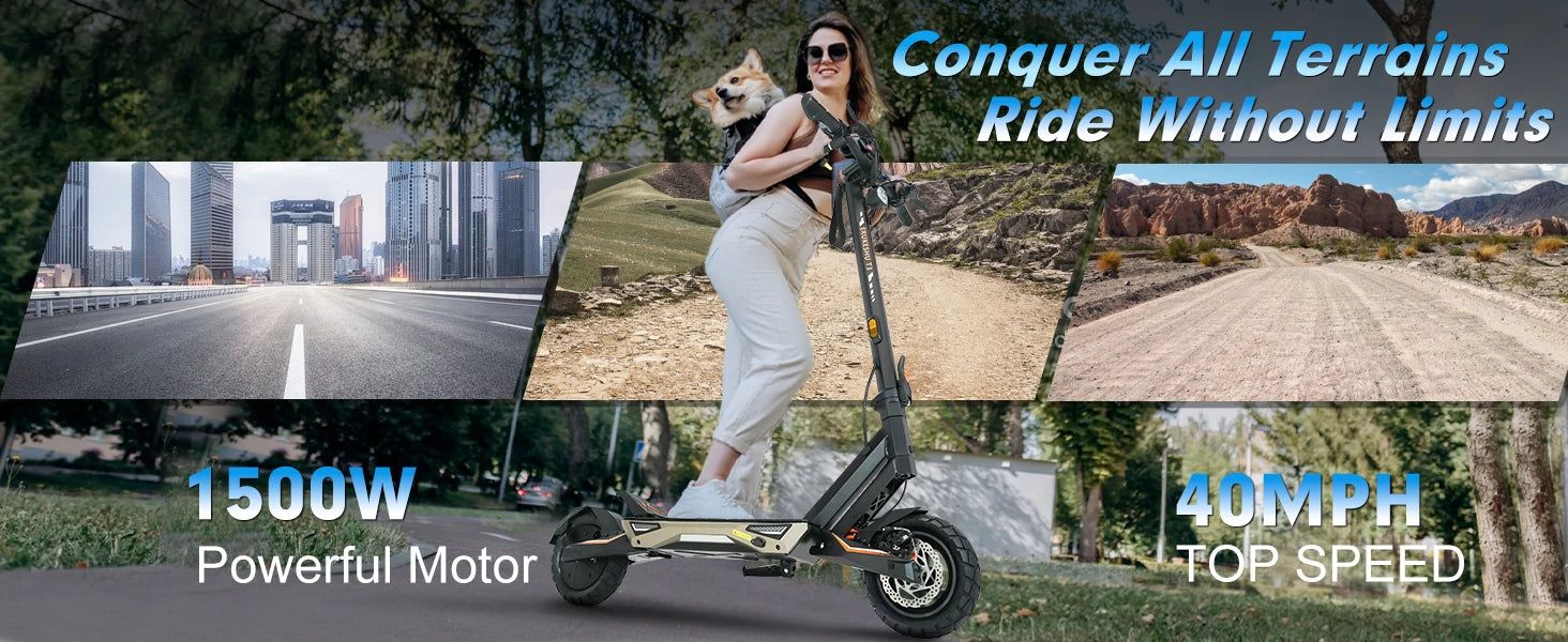 Electric Scooter 1500W Motor for Adults, 48V Battery, 40mph Max Speed, Up to 45 Miles Range, 10 Inch Tires