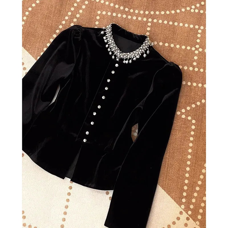 Women's Golden Velvet Blouse 2025 Autumn Winter Solid Color Heavy Industry Ladies Tops Fashion Long Sleeve Lady Slim Shirt