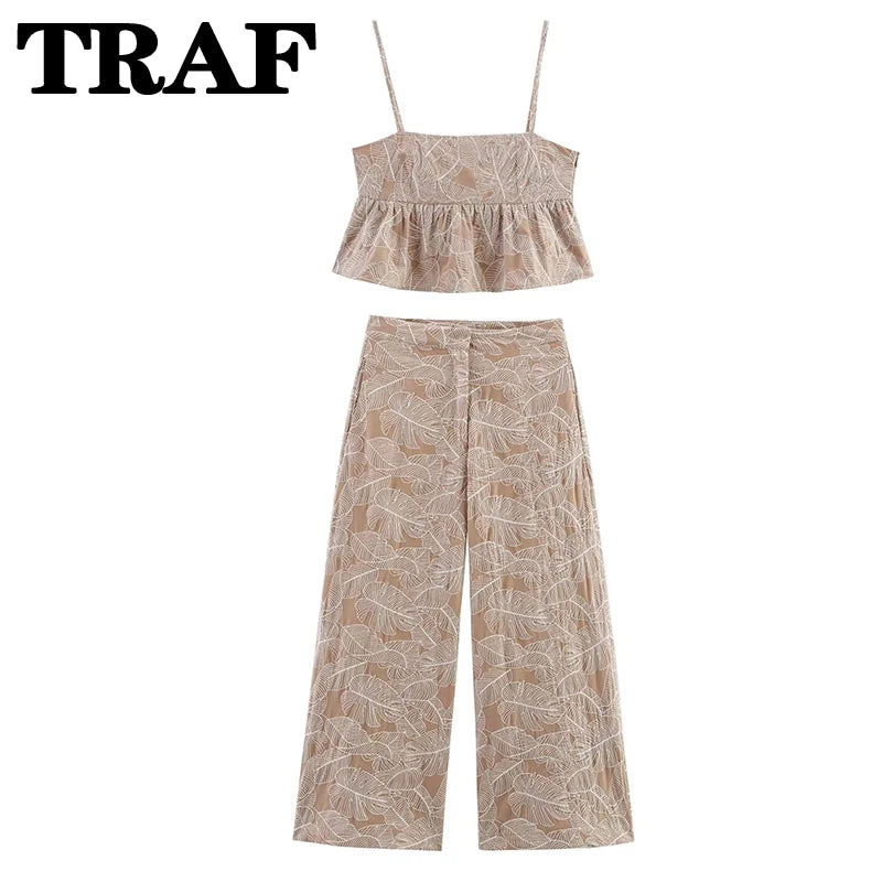 Women Two Pieces Pants Sets 2026 New Fashion Embroidery Crop Top + Trousers Women's Suit Casual 2 Piece Set Woman Outfits