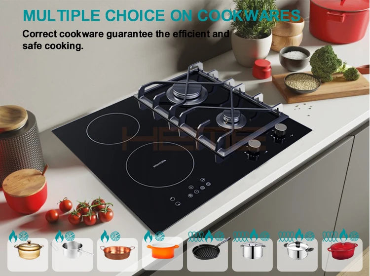 New Products Kitchen Appliances Glass Panel 4 Burners Hybrid Hob With Gas / Induction / Ceramic Burner