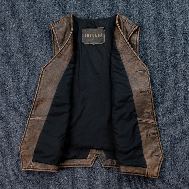 Summer Cow Leather Male Camisole Vest Coat Cowhide Leather Mens Waistcoat Veskit Vests Summer Slim Fit Dress Suit Top Vests