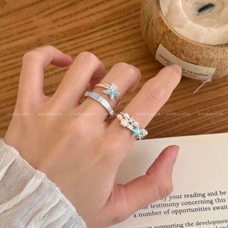 Sweet Blue Starfish Shell Rings for Women Girls Fashion Imitation Pearl Open Rings Summer Ocean Vacation Jewelry Accessories