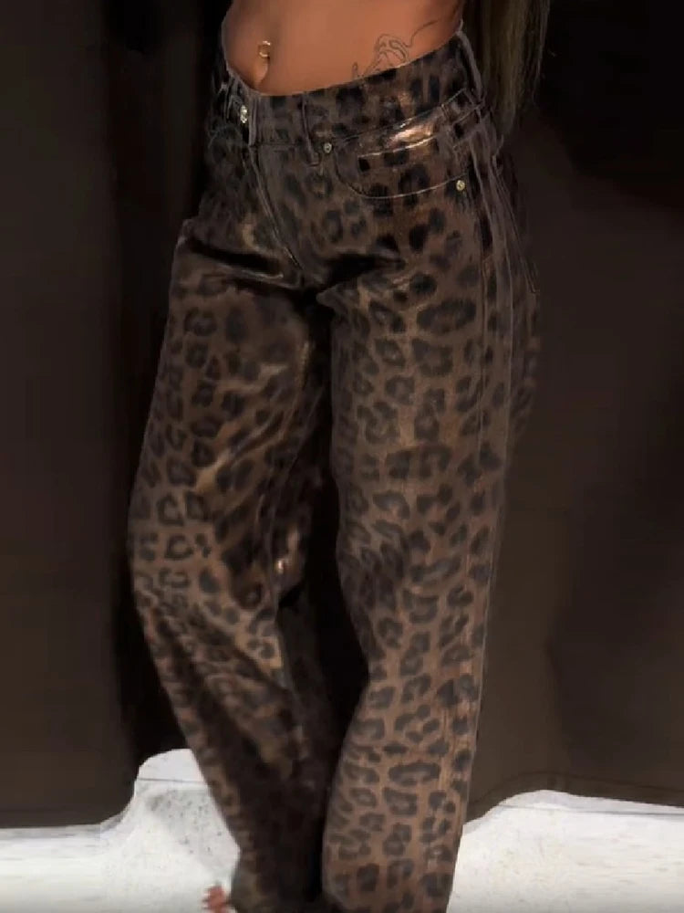 Leopard Print Luster Wide Leg Pants Vintage High Waist Straight Trousers 2026 New Casual Club Daily Street Women's Bottom