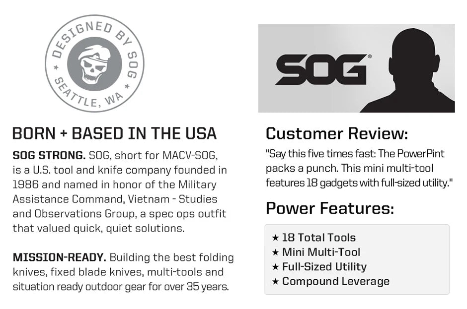 SOG 18 in 1 PowerPint Mini Multi-tool Stainless Steel Pocket EDC Multifunctional Pliers with Folding Knife Screwdrivers Scissors For Survival Fishing Hiking Cycling Travel DIY Home Emergency Repair Portable Camping Tools and
