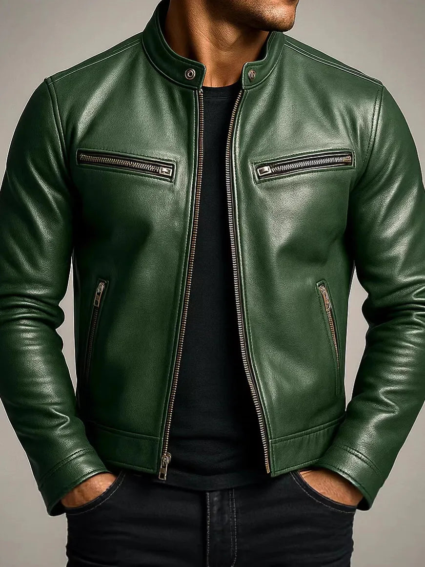Mens Locomotive PU Leather Coat Mens Stand Collar Outdoor Handsome Leather Jacket Slim Punk Pilot Jacket Korean Trendy Clothes