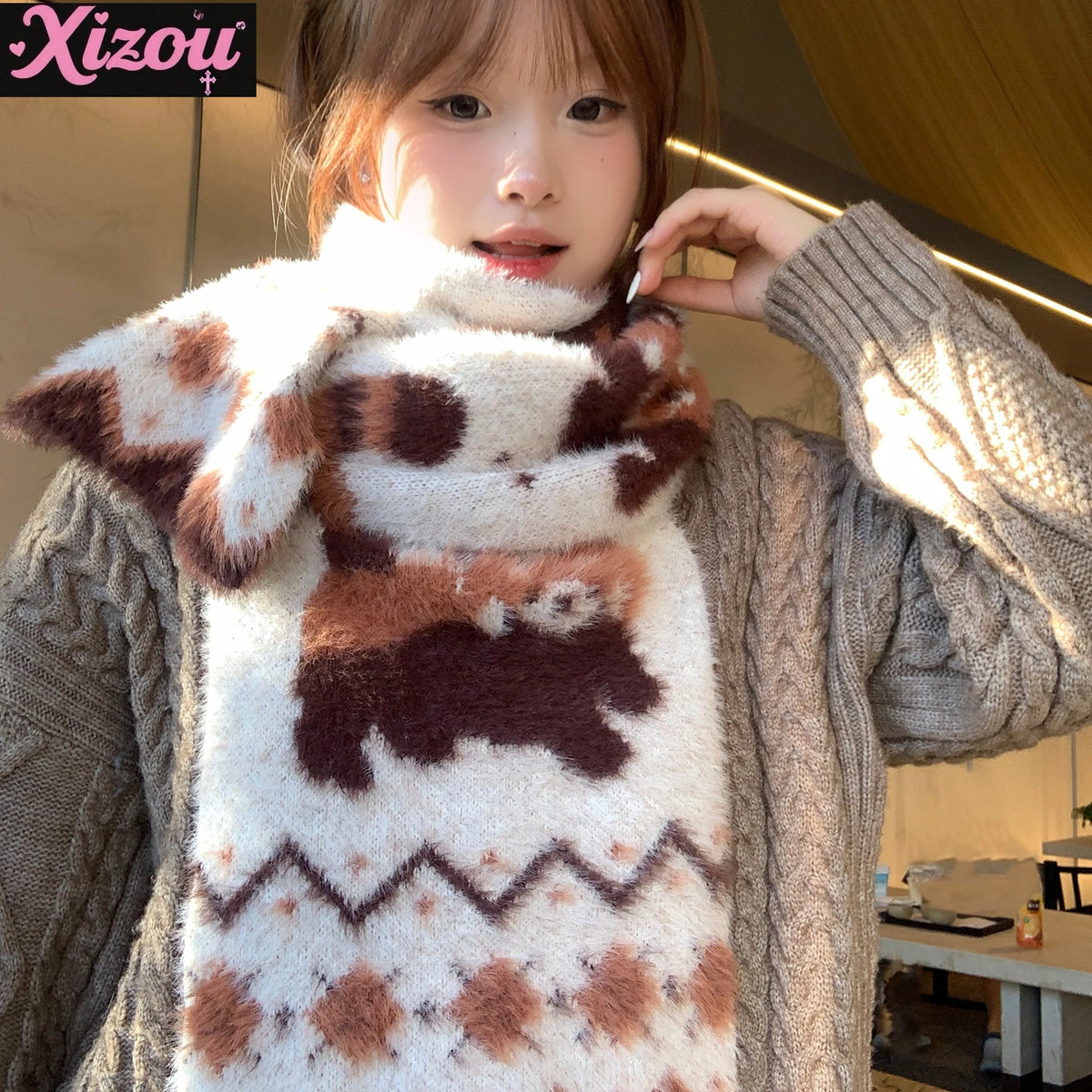 Japanese Cute Lolita Cartoon Red Panda Plush Scarf Female Autumn Winter Thickened Warm Versatile Maillard Neck Scarf 2025 New