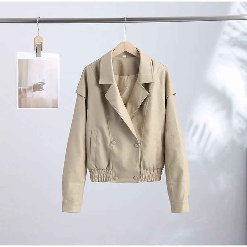 High Street Leather Jackets Women's Casual Double-breasted Turn Down Collar Loose Coats Elastic Waist 2026 Autumn New Outwear