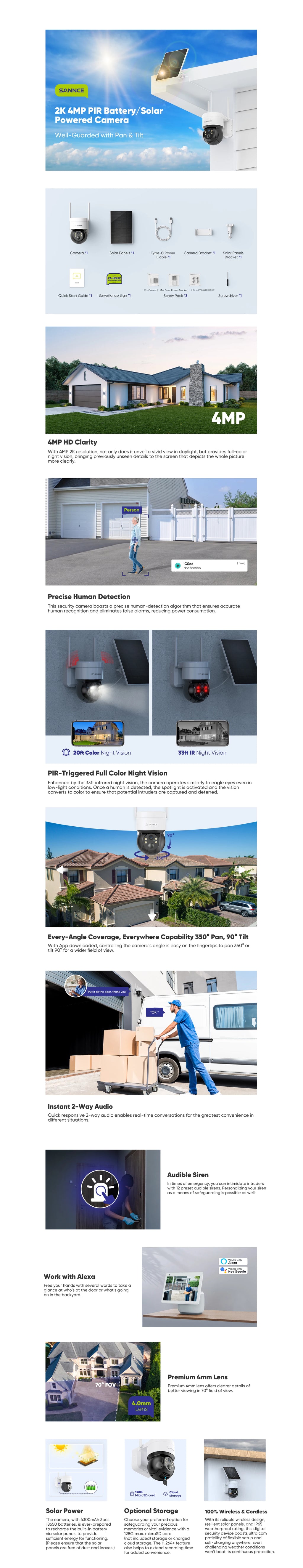 SANNCE 4MP 2K Solar Powered Cmmeras Support two-way audio 2.4G WIFI connect H.264+ Cameras IP65 Dust and Waterproof 4MM Lens