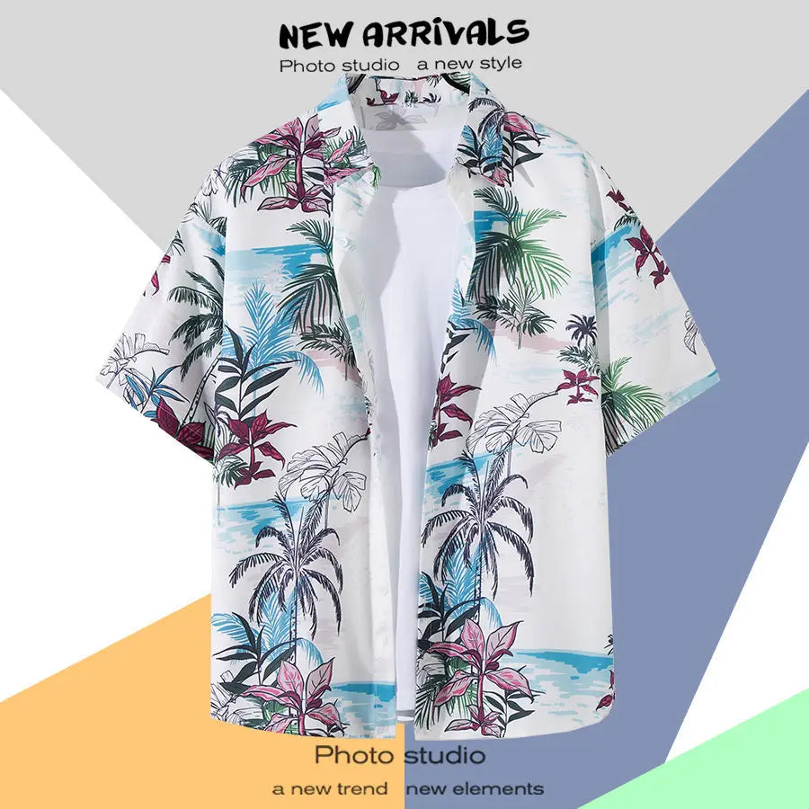 New Summer Casual Short Sleeved Shirt Korean Version Fashionable Men's and Women's Loose Collar Hawaiian Seaside Flower Shirt