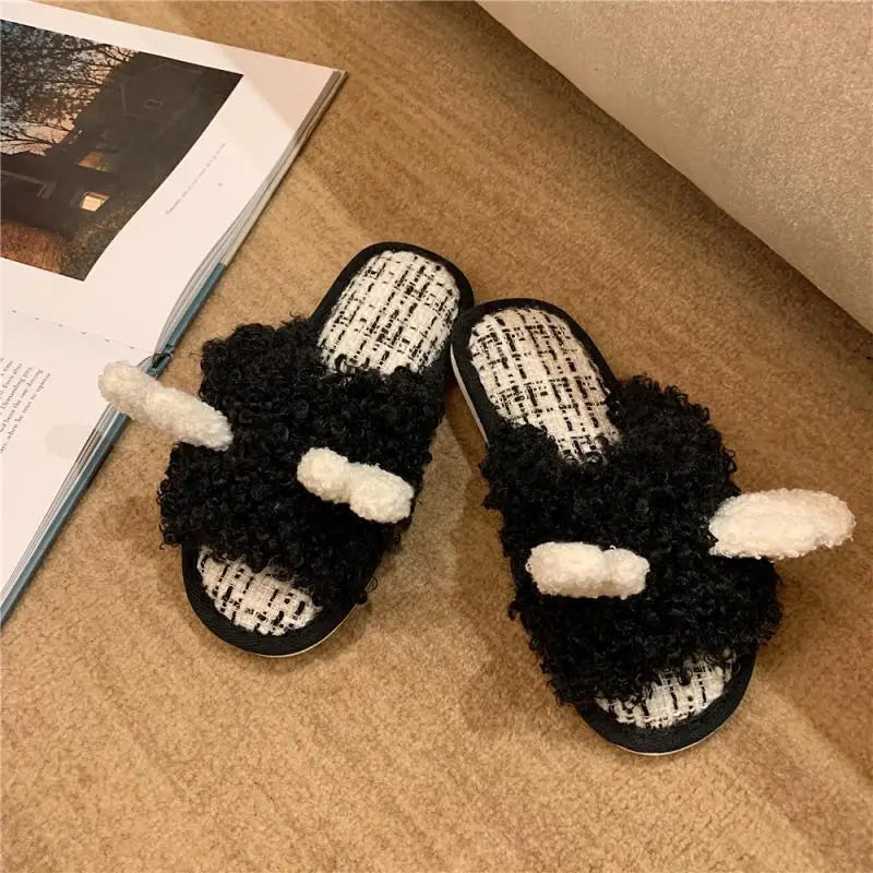 Shoes for Women Winter New Indoor Warm Cotton Shoes for Students At Home Cartoon Giraffe Plush One-word Slippers Chinelos Planos