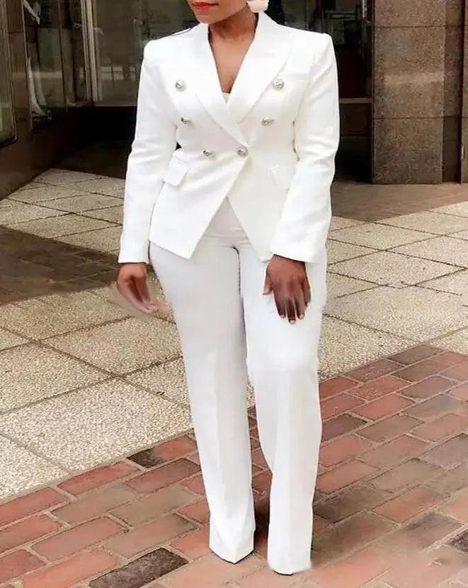 2 Office Ladies Two Piece Sets Womens Outifits 2023 Spring Fashion Long Sleeve Double Breasted Blazer & Plain Elegant Pants Set