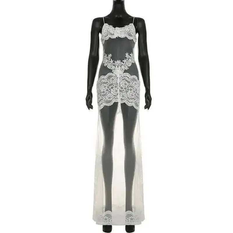 Lace Transparent Mini Dress For Women's Shestyle Embroidery Flower Mesh Transparent Flare Outfits Prom Nightwear Club Long Dress