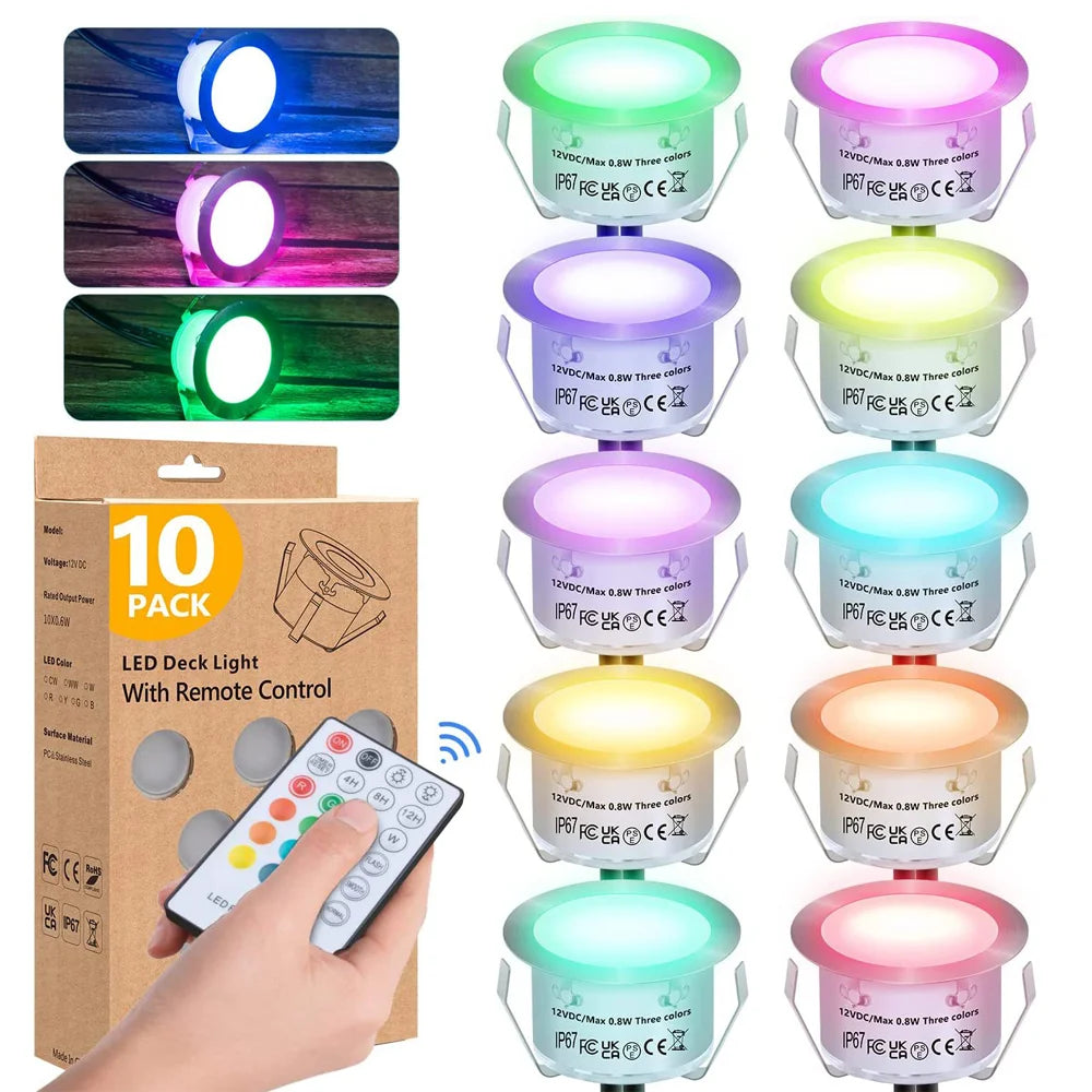 10pcs RGB LED Deck Light with Remote Control DC12V IP67 Waterproof Underground Lamp Dimmable Garden Stair Landscape Lighting