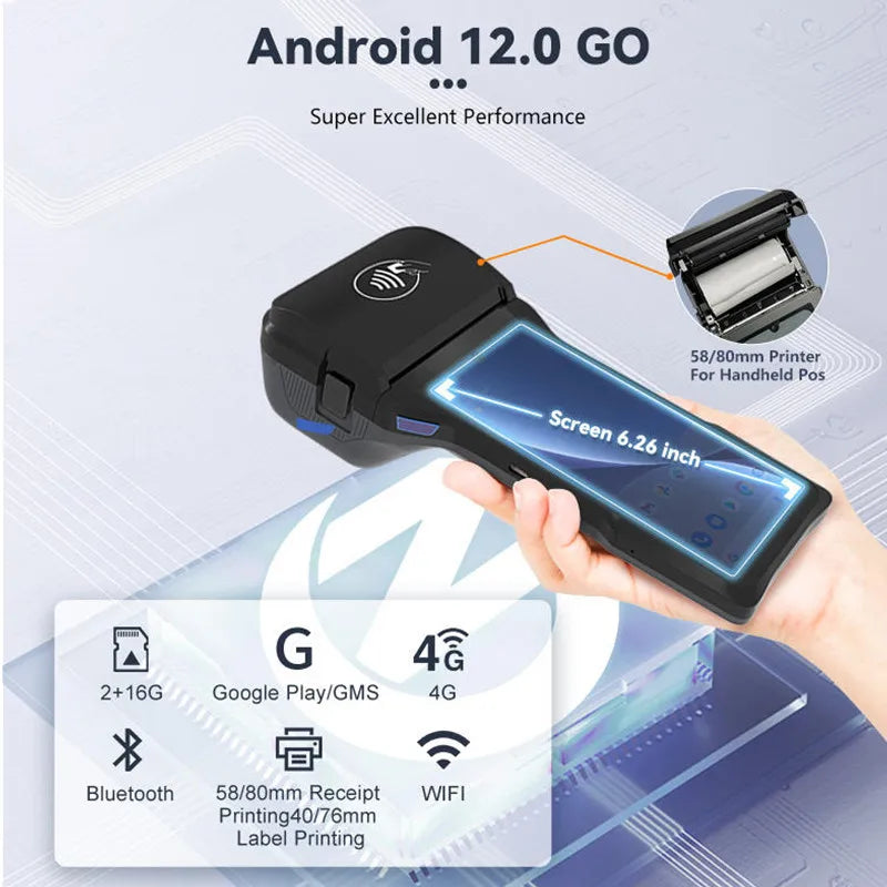 Android 14.0 Handheld POS Terminal Sales Point Cash Register with 6.26-inch Screen NFC Scanner 58/80mm Thermal Receipt Printer