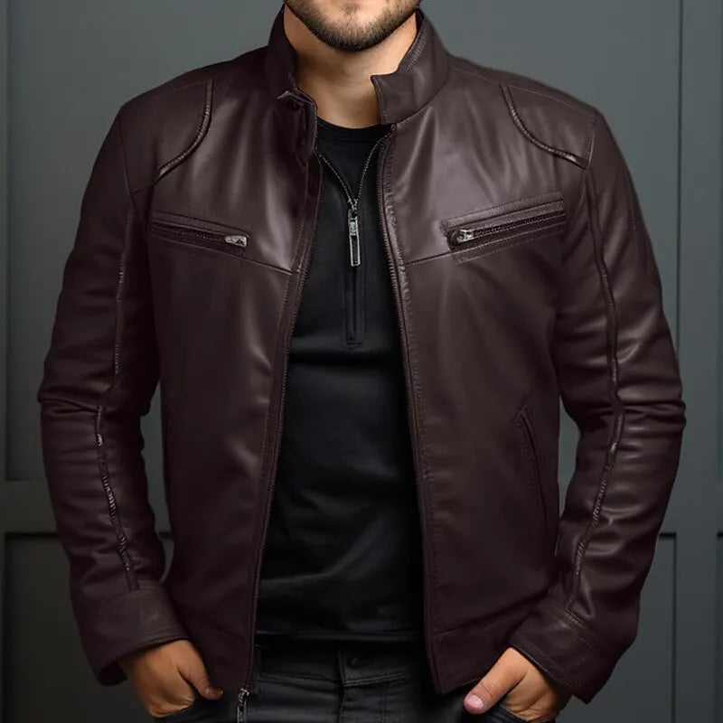 Asian Size Men's Motorcycle Leather Jacket Stand Collar Punk Biker Jacket Men's Casual Slim Fit PU Leather Coat Riding Jacket