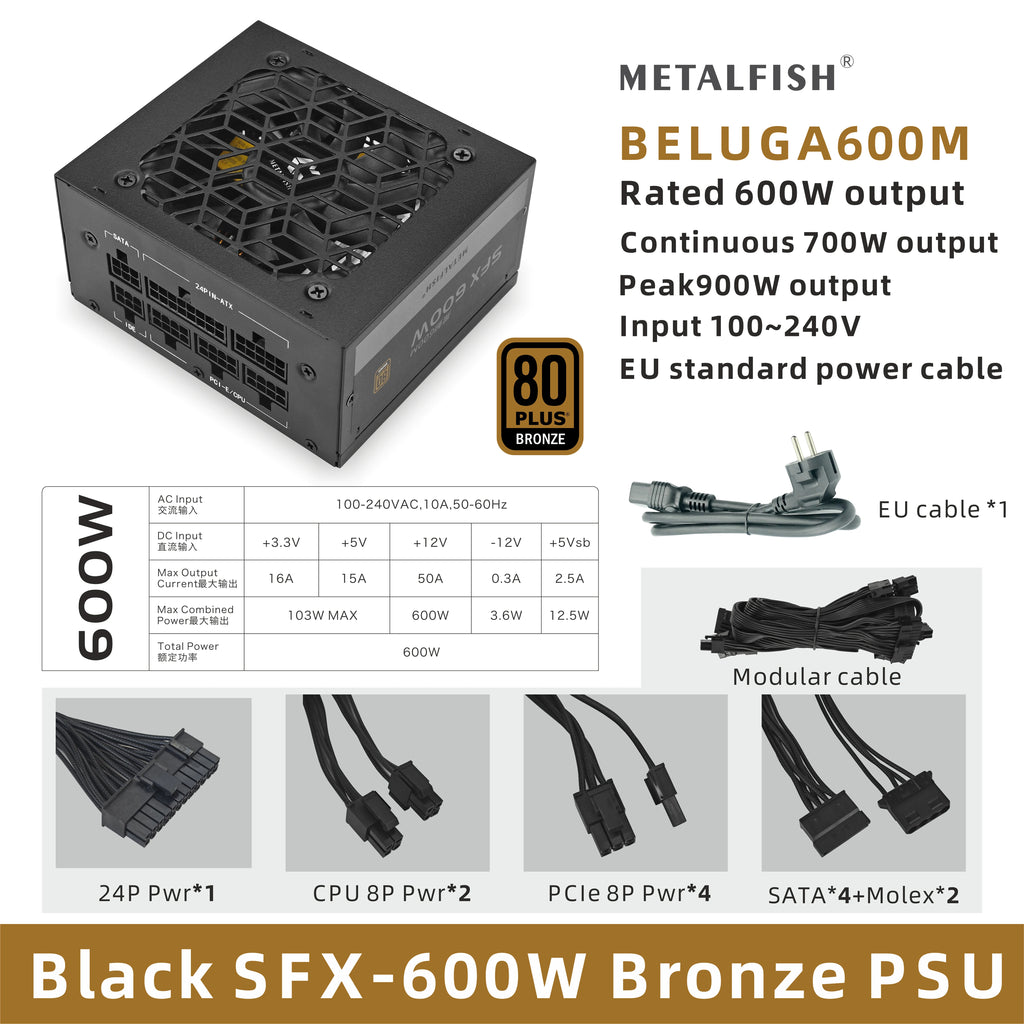 METALFISH SFX 80Plus Bronze 500/600W PSU Black Power Supply Full-Modular For Mini ITX Chassis Small Computer Case 100/240V Input