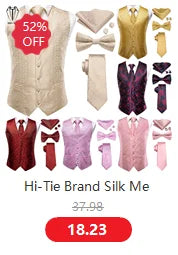 Hi-Tie Silk Mens Waistcoat Tie Set Gold Brown Orange Beige Ivory Khaki Bronze Sleeveless Jacket Suit Vest Necktie Hanky Cufflink