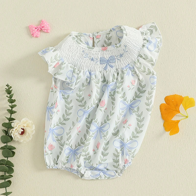 Summer Newborn Clothing Baby Girls Romper Fly Sleeve Crew Neck Bow Leaves Print Infant Jumpsuit Summer Clothes