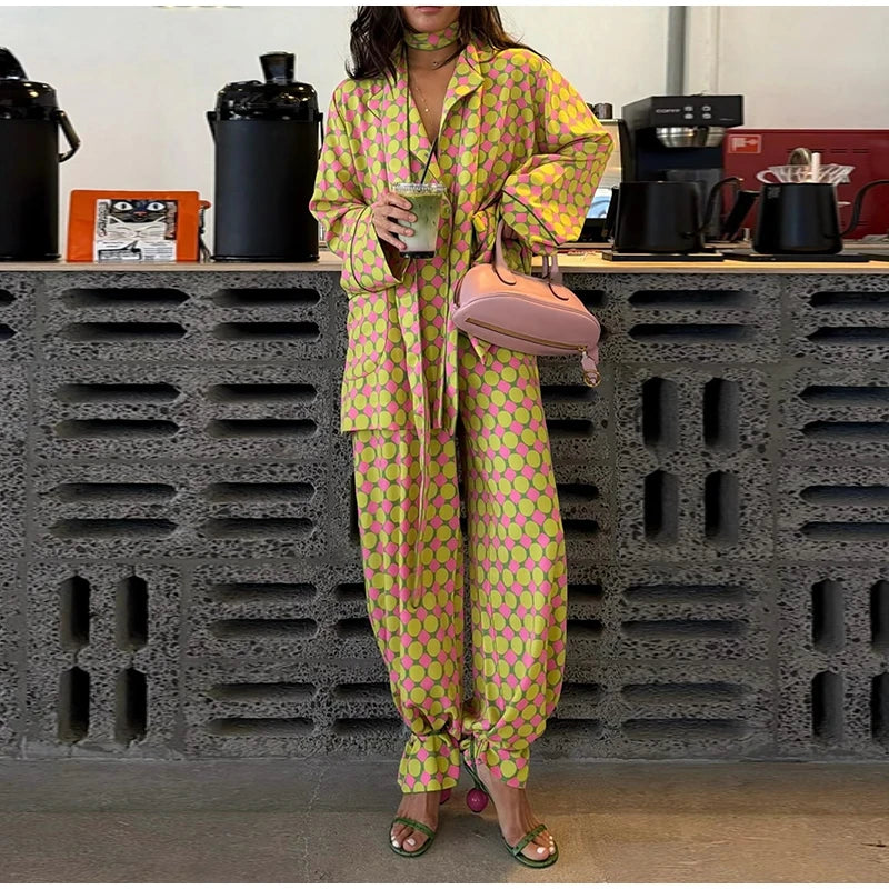 Vacation Geometric Printed Loose Pants Set Women Lapel Full Sleeve Pocket Shirts Wide Leg Pant Suits 2026 Autumn Street Outfit