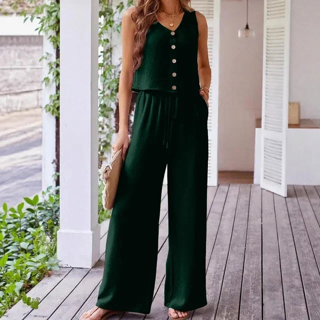 Fashion Single Breasted Vest Women's Trousers 2-piece Set Summer Elegant Casual Loose Wide-leg Pants Pocket Female Office Suit