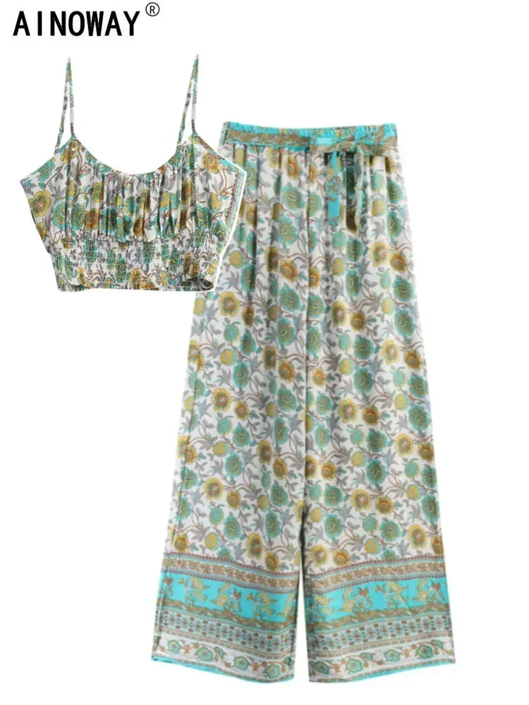 Vintage Chic  Women Floral Print Outfits Strap Sleeveless Tops Bohemian Suits Drawstring Pants 2 Pieces Rayon Cotton Boho Sets