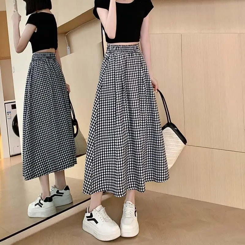 Black White Checkered A-line Skirt Women Summer Lightweight High Waisted Long Skirt for Petite Slimming Casual 2025 New