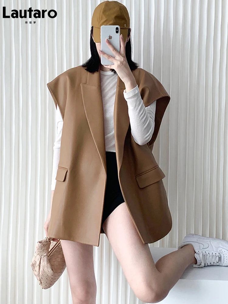 Lautaro-Women's Light Soft Faux Leather Vest, Lapel, Elegant, Luxury, Designer, Sleeveless Jacket, Spring, Autumn Fashion, Black