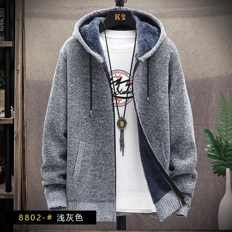 Men's Knitted Sweater Cardigan Thickened Fleece Hooded Casual Style Warm Outerwear Autumn Winter New Arrival Korean Version
