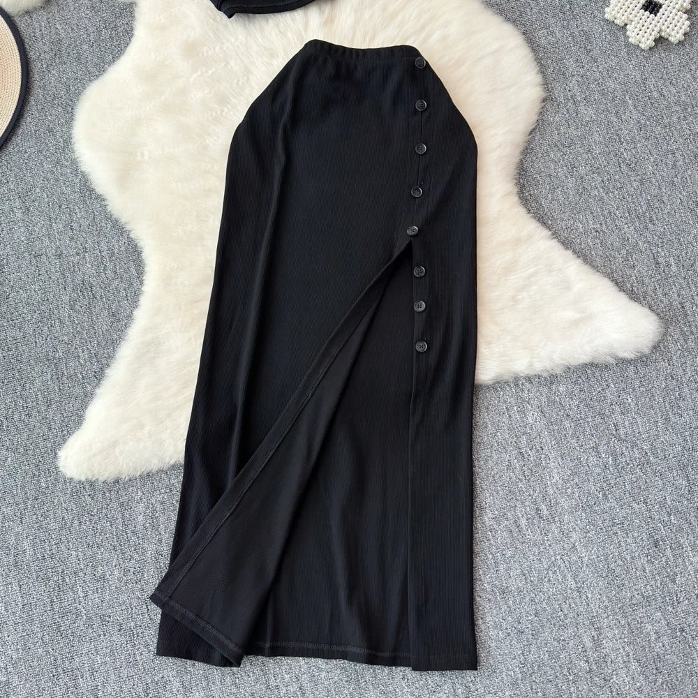 Sexy two Pieces Sets Chic Elegant  v neck slip camis with High Waist Hip Wrap Single Breasted split summer sweet Full Skir