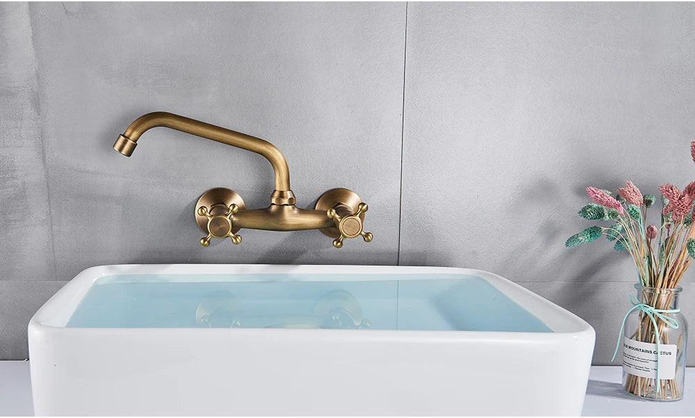 Antique Brass Basin Faucet Wall Mounted Bathroom Mixer Tap Hot Cold Sink Faucet 360 Rotation Spout Chrome Kitchen Mixer Taps