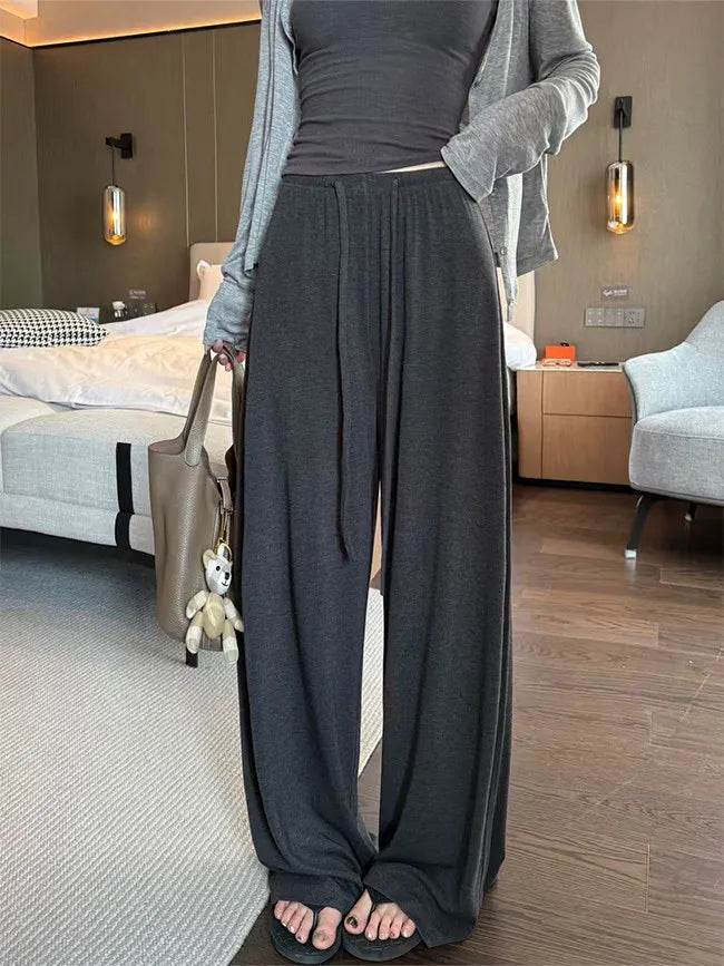 Women's Straight Pants Spring Summer Loose Casual High Waist Wide-leg Pants Drawstring Solid Gray Trousers Women