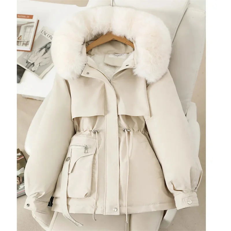 Fleece Lined Hood Down Jacket Winter Coat for Women Warm Drawstring Padded Parkas Korean Casual Streetwear Female Puffer Outwear