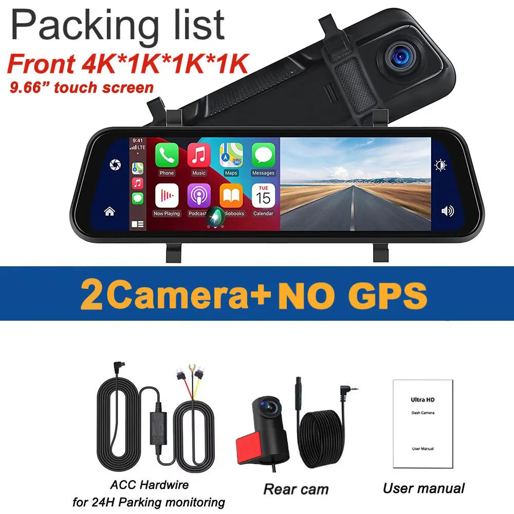 4K Mirror Dash Cam 9.66" with Carplay Android Auto Touch Screen Backup Camera Front and Rear View Dual Cameras for Car