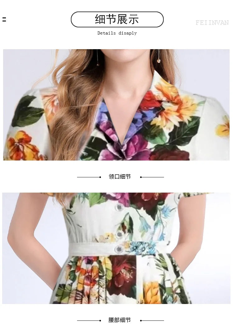 Summer Runway Holiday Flower Shirt Dress Women's Notched V-Neck Short Sleeve Single Breasted A-Line Pleated Midi Vestidos