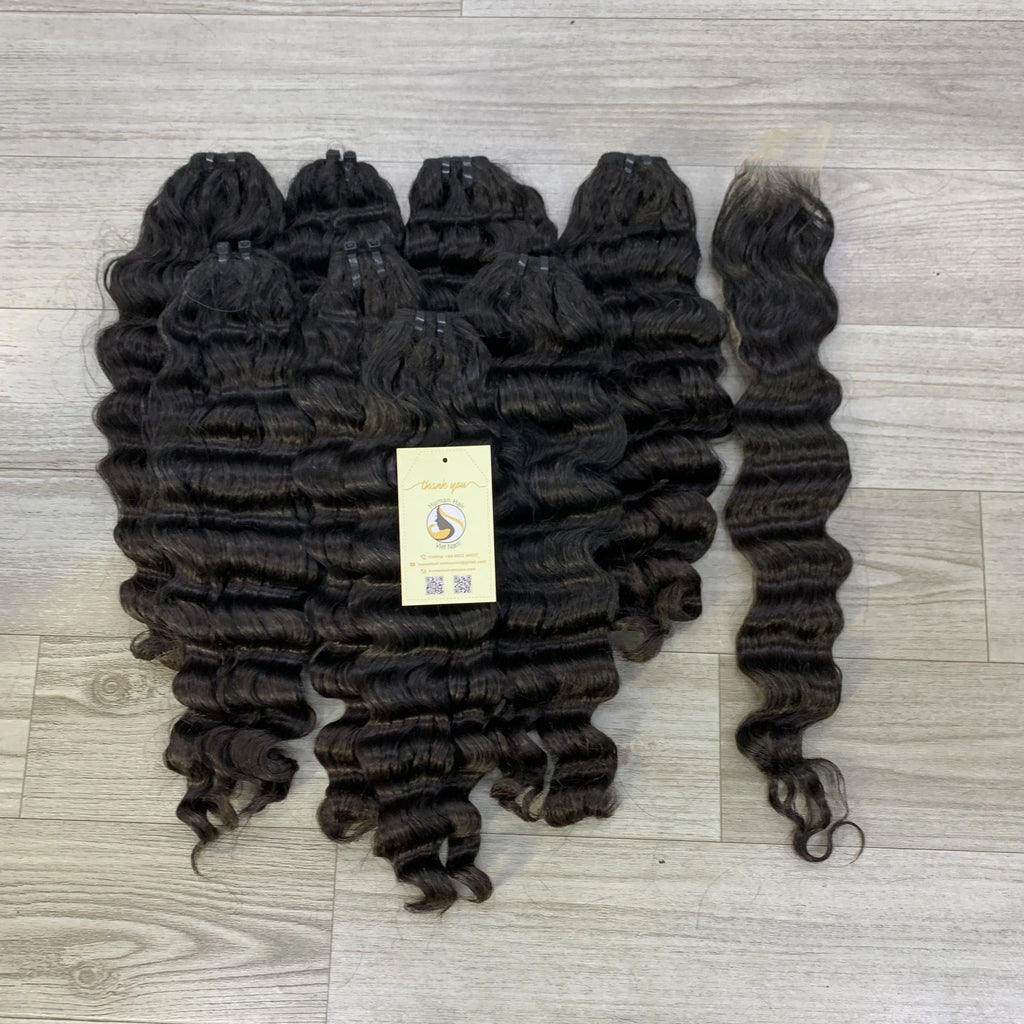 Wholesale Deep Wave Double Drawn Machine Weft Natural Black Raw Vietnamese Human Hair Bundles Soft Curl Weft Extensions