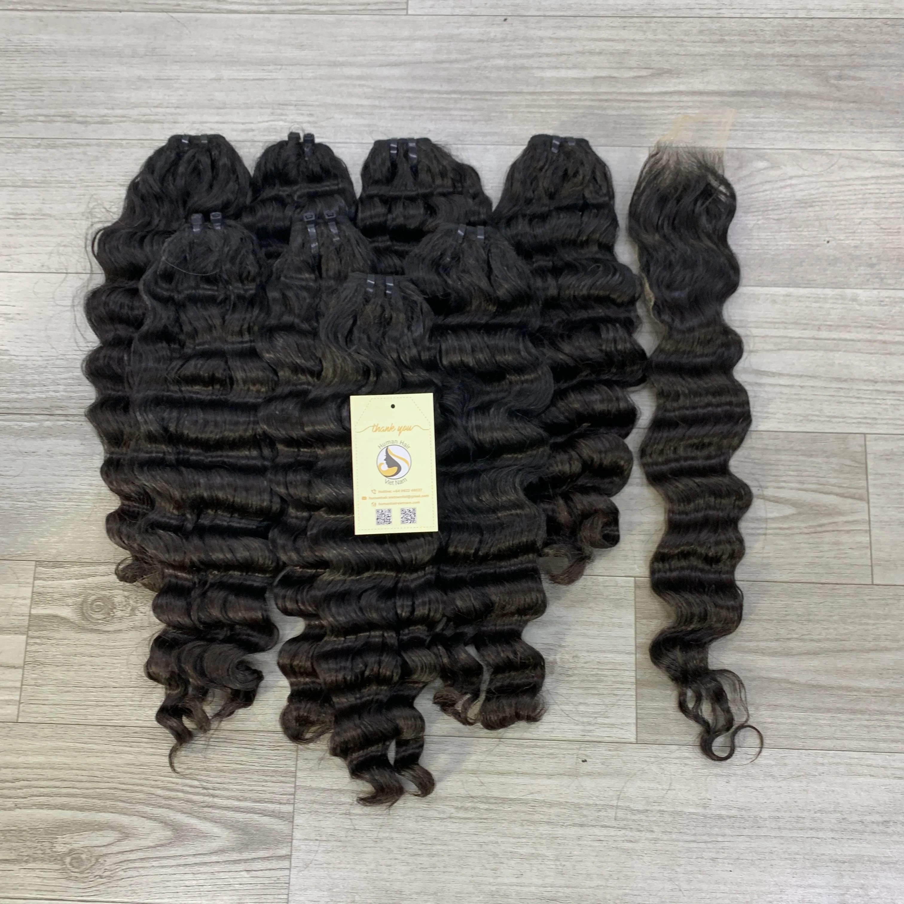 Wholesale Deep Wave Double Drawn Machine Weft Natural Black Raw Vietnamese Human Hair Bundles Soft Curl Weft Extensions