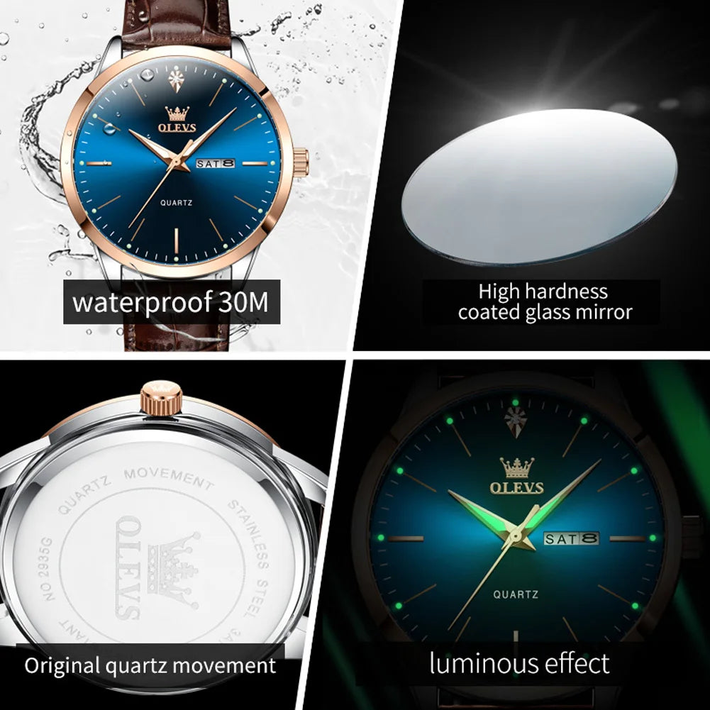 OLEVS 2935 Business Casual Men's Watch Waterproof Leather Strap Luxury Brand Date Week Temperament Trend Quartz Men's Watch