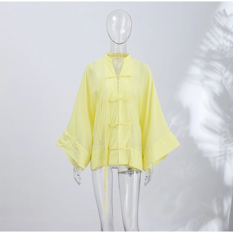 Loose Women's Frog Buttons Mandarin Shirts See Through Stand Collar Full Sleeve Blouses 2026 Summer Lady Cotton Linen Outwear