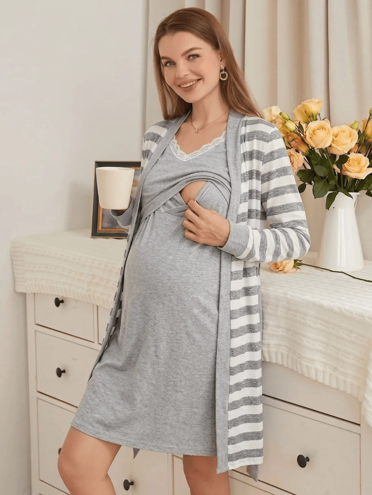 2-piece set, pregnant women, nursing long-sleeved pajamas set, autumn and winter loungewear, nursing nightgown, maternity clothes.