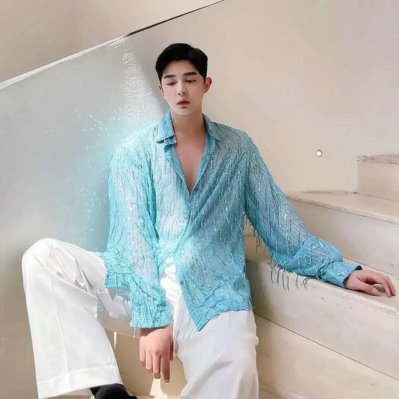 IEFB Spring Summer Men's Shirt Long Sleeve New Irregular Sequin Tassel Shirts Niche Streetwear Korean Style Male Top Tide 9Y7232