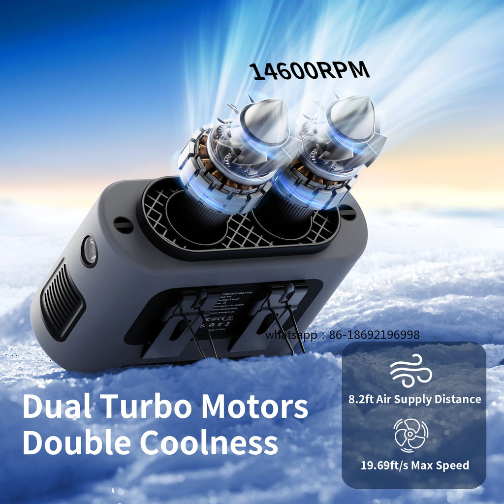 Socoolfan 14500mAh Outdoor Fan Portable Waist Hanging Neck Strong Dual Air Vents Fans for Travel Sports Courier Outdoor Working