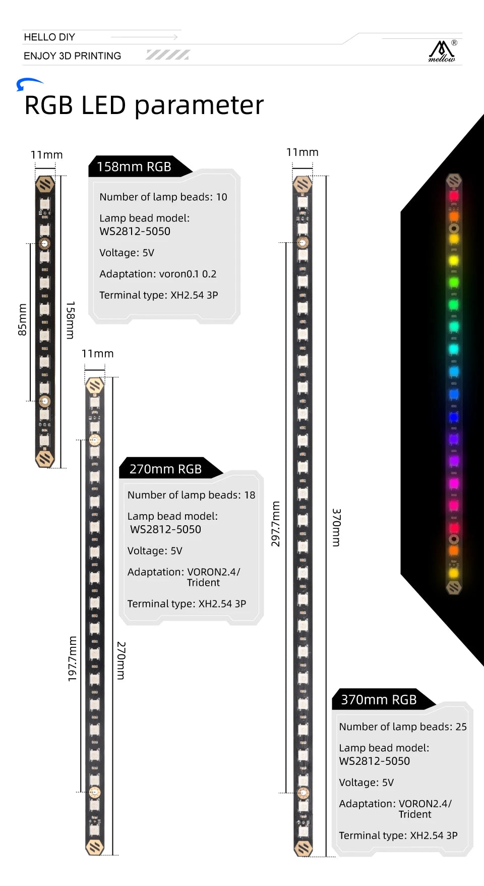 Mellow 2Pcs Daylight PCB Kit 5V RGB / White LED Bar For 3D Printer Voron 0.1/0.2 2.4 Trident 350/300/250 Micron+ Lamp Bar