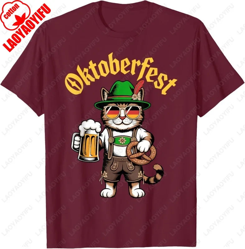 Funny Oktoberfest Cute Cat Pretzel Beer Funny Party Adults T-Shirt Fashion Y2k Streetwear Men Woman High Quality Cotton Tees