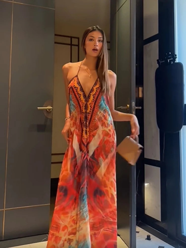 Bohemian Printed Halter Maxi Dress Women Sexy Backless Deep V-neck Sleeveless Off Shoulder Vestido Vacation Date Party Beachwear