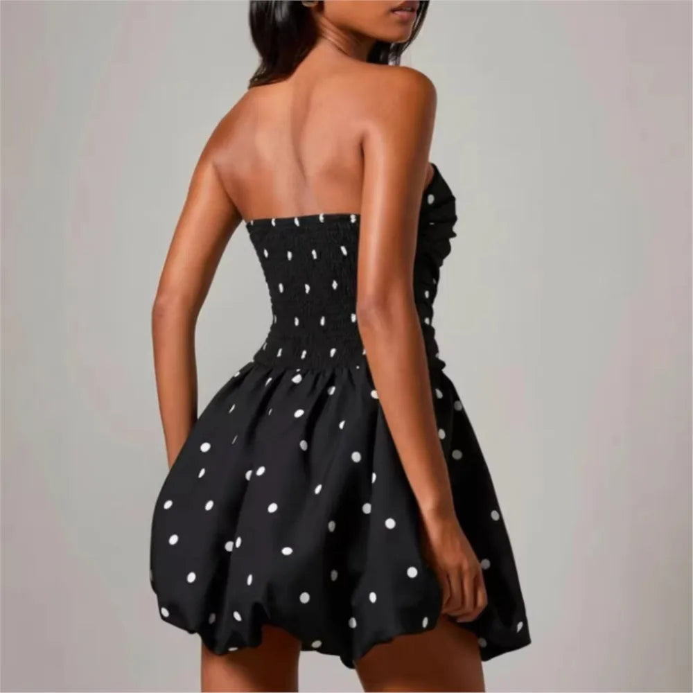 Polka Dot Print Tube Top Dress Summer Women's New Casual Loose Sexy Sleeveless Short Puffy Dress Vestidos De Fiesta Elegantes